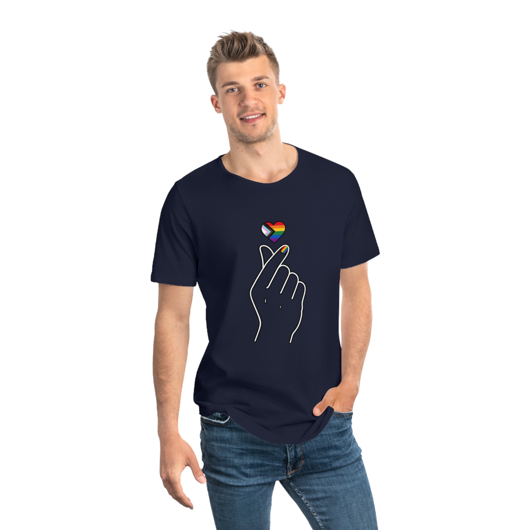 LGBTQ+ Finger Heart Tee — Rainbow Heart Men’s Jersey Tee