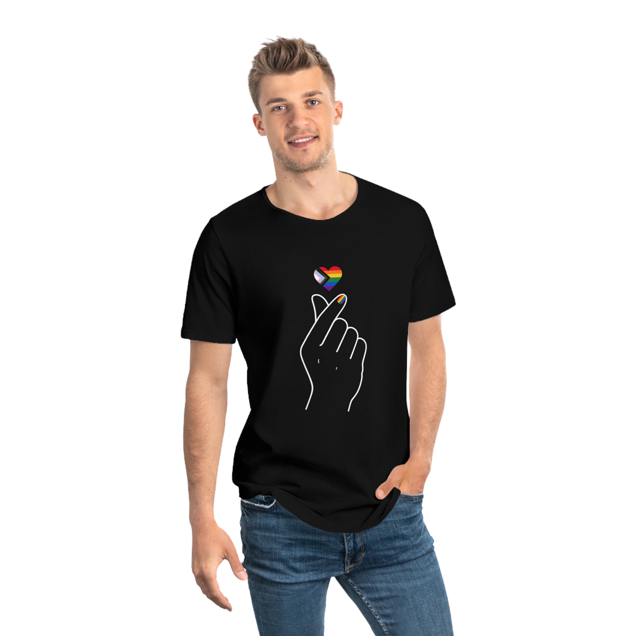 LGBTQ+ Finger Heart Tee — Rainbow Heart Men’s Jersey Tee