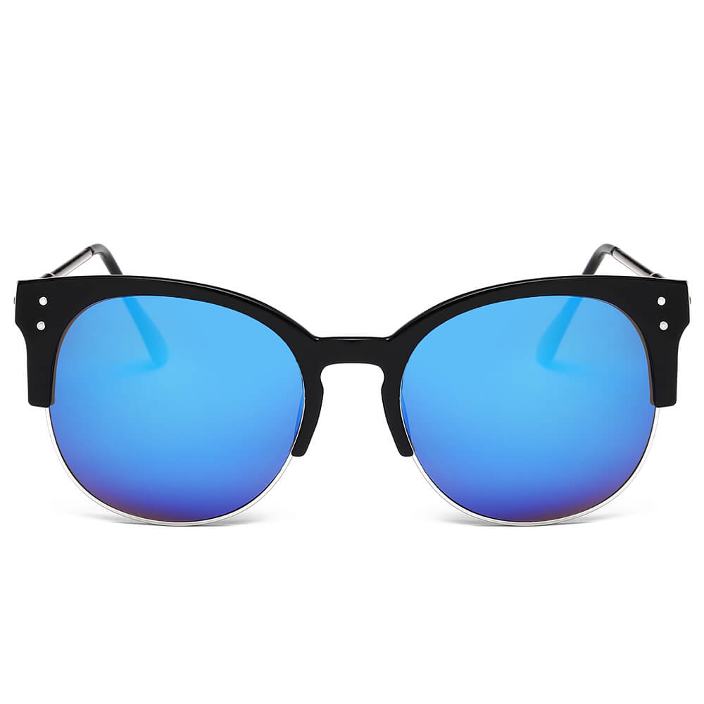 Round Mirrored Half Frame Sunglasses – Retro Flat Lens UV400 Shades