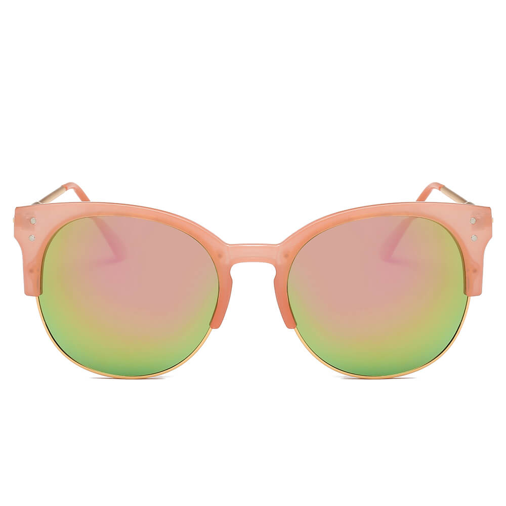 Round Mirrored Half Frame Sunglasses – Retro Flat Lens UV400 Shades