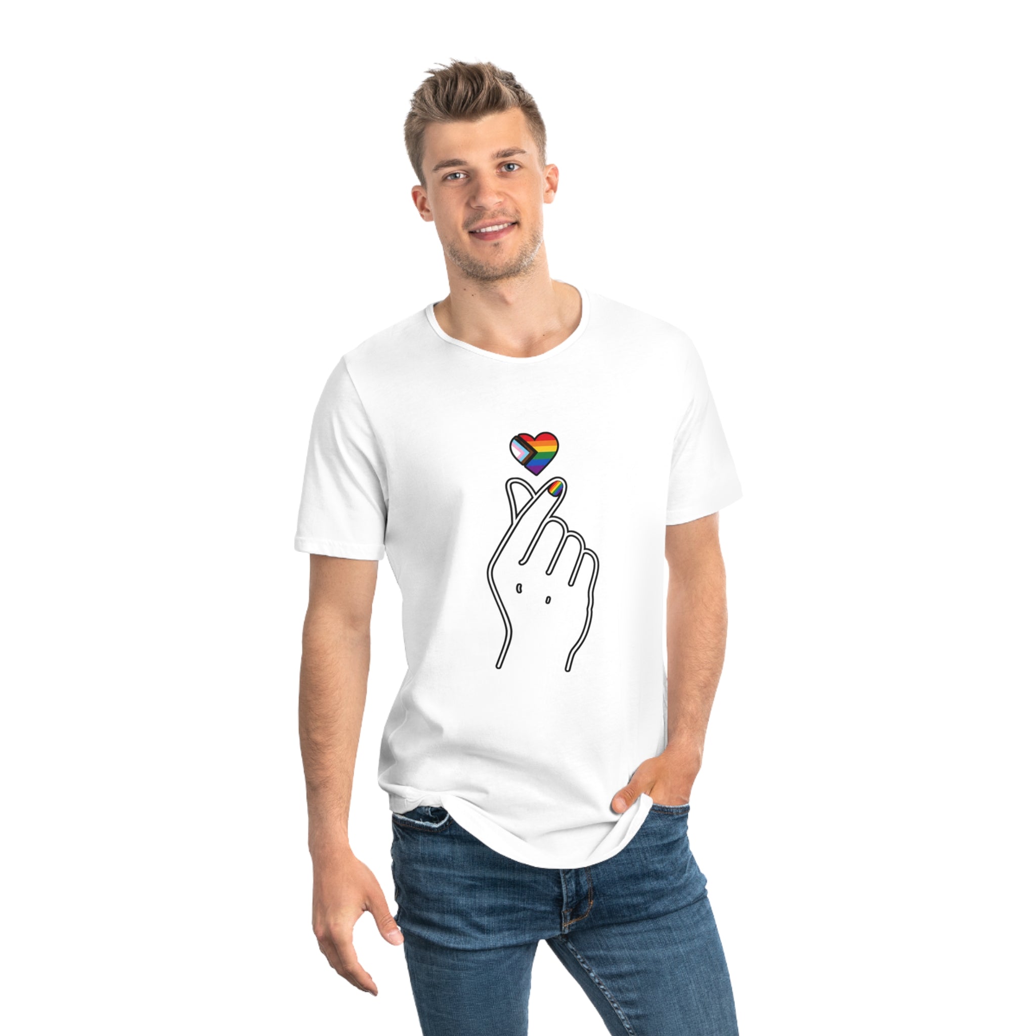 LGBTQ+ Finger Heart Tee — Rainbow Heart Men’s Jersey Tee