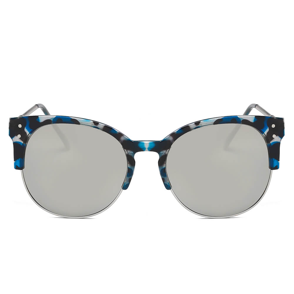 Round Mirrored Half Frame Sunglasses – Retro Flat Lens UV400 Shades
